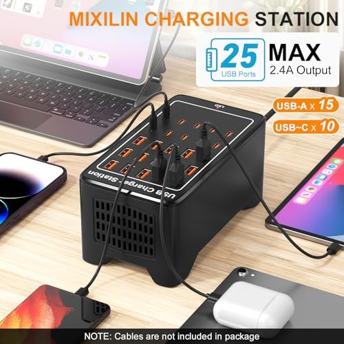 MIXILIN 25-Port USB A & C Fast Charging Station – 125 W Multi-Device Power Hub for Ultimate Compatibility with Smart Devices – Sleek Black Design for Efficient Charging in Homes and Offices – Intelligent Power Distribution for Enhanced Performance