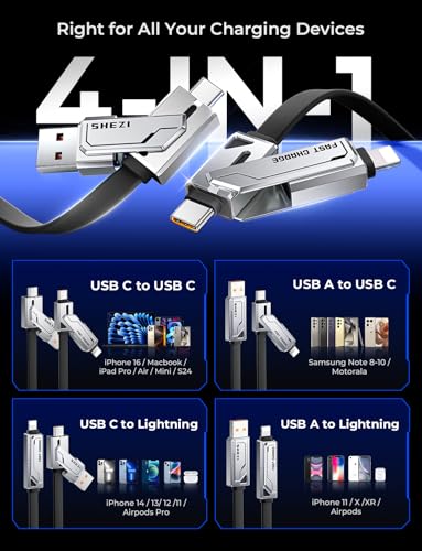 SHEZI 4-in-1 USB C Charging Cable | 240 W Fast Charging Solution for i Phone 16/15 & More | 5 FT Durable Flat Silicone Cord with Lightning, USB-C, USB-A Connectors | Versatile Multi-Device Charger for Home, Office & Travel | Enhanced Compatibility & Speed