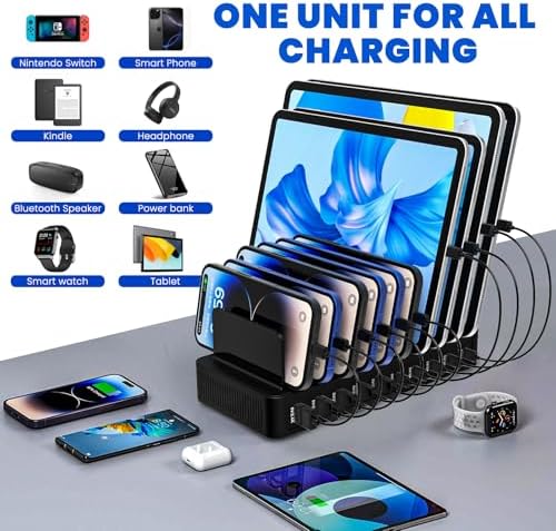 Multi-Device Charging Station with 10 Ports and Smart IC Technology – 100 W Power Dock with Adjustable Dividers and 10 Cables for Efficient Charging of i Phone, Galaxy, i Pad, Tablets – Space-Saving Flat Plug Design for Home and Office Use