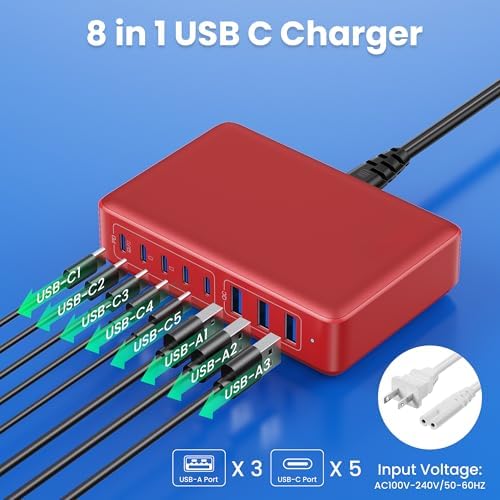 Revolutionary 300 W Ga N IV Technology USB-C Charging Hub – 8-Port Multi-Device Charger for Mac Book Pro/Air, DELL Laptops, i Phone 16/15/14 & Galaxy S25 – Sleek Navy Finish for Enhanced Home & Office Efficiency – Your Premier Solution for Rapid Device Power and Seamless Connectivity