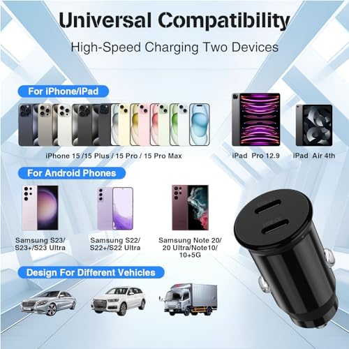 High-Power USB C Car Charger for i Phone 16 & 15 Series – 40 W Dual Port Fast Charging Adapter with 3 FT USB-C to C & A to C Cables – Versatile Compatibility for i Pad, Samsung, and More – Compact Design for On-the-Go Convenience and Enhanced Safety Features