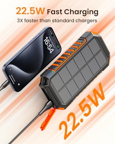Riapow 27,000 m Ah Solar Power Bank – Wireless Fast Charging Portable Charger with Built-in Cables, 22.5 W PD & QC Support, Rugged Outdoor Battery Pack in Vibrant Orange for Phones, Tablets & Flashlights – Ultimate Adventure Companion