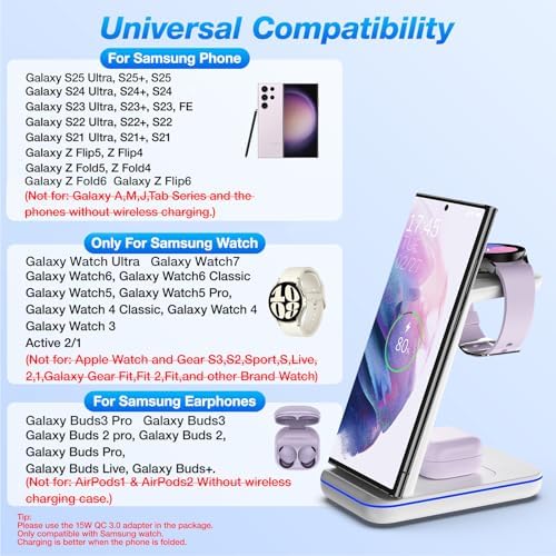 3-in-1 Fast Wireless Charging Station for Samsung Galaxy Devices – Universal Charger for S25 Ultra, S24, S23+, Z Flip 6/5, Fold 6/5, Watch 7/6/Pro, Active 2 & Galaxy Buds 3/2 Pro – Sleek, Efficient & Safe Power Hub (Black)