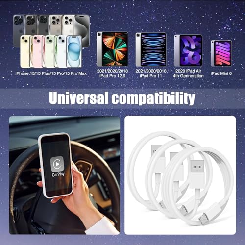 6 FT USB A to USB C Carplay Charging Cable – 3-Pack for i Phone 15/16, i Pad Pro/Air/Mini, Samsung Galaxy S25/S24/S23, and Mac Book – Fast Charging & High-Speed Data Transfer for Enhanced Compatibility on the Go