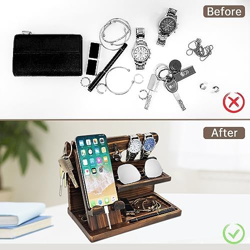 Nightstand Organizer with Phone Docking Station and Desk Organizer – Brown Wooden Gift for Men and Dad – Enhanced Compatibility and Speed