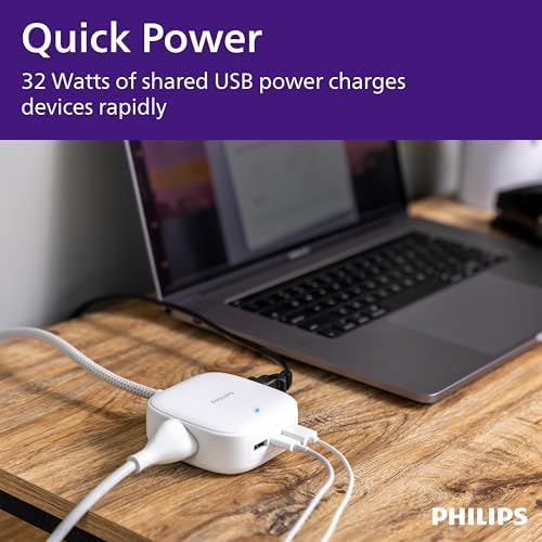 Philips 24 W USB Power Strip with 6 ft Braided Cable – Ultimate Charging Station for i Phone, i Pad, Samsung Galaxy & Google Pixel – 4 Port USB-A Design for Fast & Efficient Device Charging – Sleek & Durable Solution for Home, Office & Travel