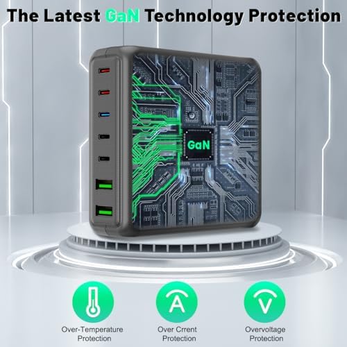 260 W 7-Port USB-C Charging Hub – High-Efficiency Dual 65 W Charger for Mac Book Pro/Air & i Phone 14/13 Series – Smart Power Distribution & Compact Design for Home, Office, and Travel Use – Versatile Fast Charging Station with GAN Technology for All Your Devices