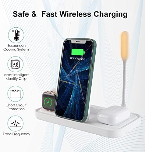 Innovative 4-in-1 Wireless Charging Station Lamp – Seamless Integration for i Phone, Samsung & Qi-Enabled Devices, Effortless Charging for Air Pods & Apple Watch Series 2-6 – Stylish White Design for Home or Office Use – Anti-Slip Base for Stability and Enhanced Convenience
