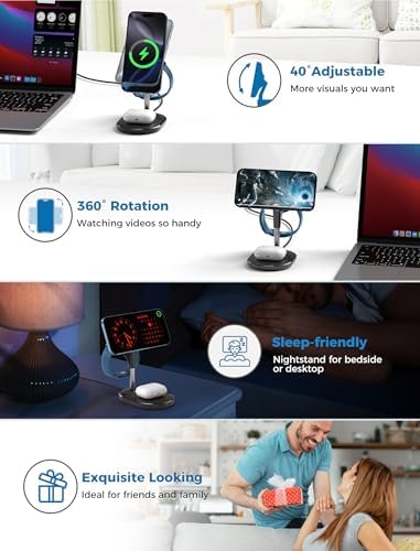 All-in-One Wireless Charging Station for Apple Devices – 15 W Fast Qi-Certified Mag-Safe Charger for i Phone 16, 15, 14, 13, 12, Apple Watch & Air Pods – Adjustable Viewing Angle, Ideal Gift for Women – Enhance Your Charging Efficiency and Style
