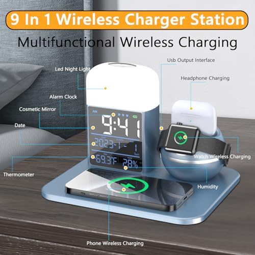 Ultimate 9-in-1 Wireless Charging Station with Integrated Alarm Clock and Night Light – Fast Qi-Certified Docking Solution for Apple Devices with 30 W Ga N Charger and USB Port – Stylish Blue Design for Clutter-Free Bedside Charging