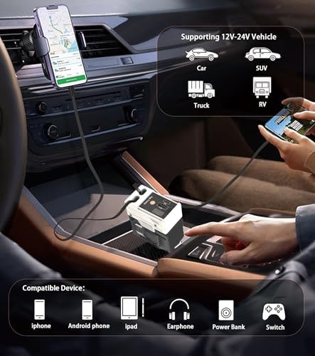 4-in-1 Retractable Car Charger with 66 W Fast Charging – Dual Retractable Cables & USB-C/USB-A Ports for i Phone 16/15/14/13/12/11, Samsung Galaxy, Pixel – Sleek White Design for Ultimate Travel Convenience and Device Compatibility