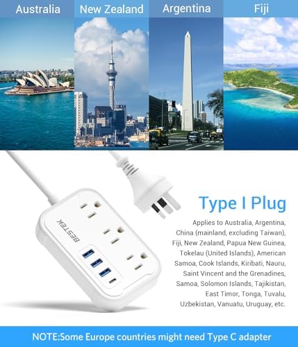 Ultimate BESTEK Type G Travel Power Adapter: 3 AC Outlets & 4 High-Speed USB Ports with 20 W PD for Rapid Charging – Ideal for Hassle-Free US to UK Travel, Compatible in Ireland, Scotland, and Hong Kong – 2.6 ft Flexible Cord for Enhanced Convenience and Multi-Device Power Solutions