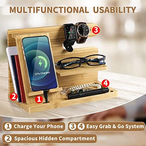 Premium Bamboo Multi-Device Charging Dock: AICase Elegant Wooden Nightstand Organizer for Smartphones, Tablets & Smartwatches – Stylish & Durable Solution Ideal for Home and Office Decluttering
