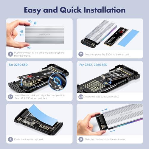 GRAUGEAR RGB M.2 SSD Enclosure – Ultra-Fast 10 Gbps USB3.2 Gen2 Tool-Free Aluminum External NVMe Drive Case for PCIe M-Key & B+M Key SSDs – Stylish High-Speed USB-C Storage Solution with Customizable Lighting for Gamers and Creators