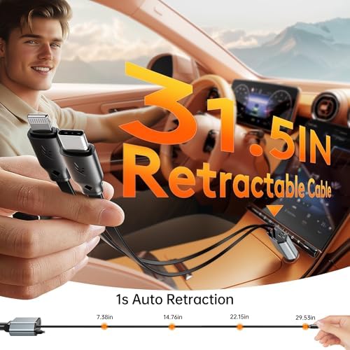 GUSGU 100 W Retractable Car Charger – Versatile 4-in-1 Fast Charging Solution with 2.6 ft Tangle-Free Cord, Lightning & USB-C Adapters – Universal Compatibility for All Devices in Sleek Silver Design – Stay Powered On-The-Go