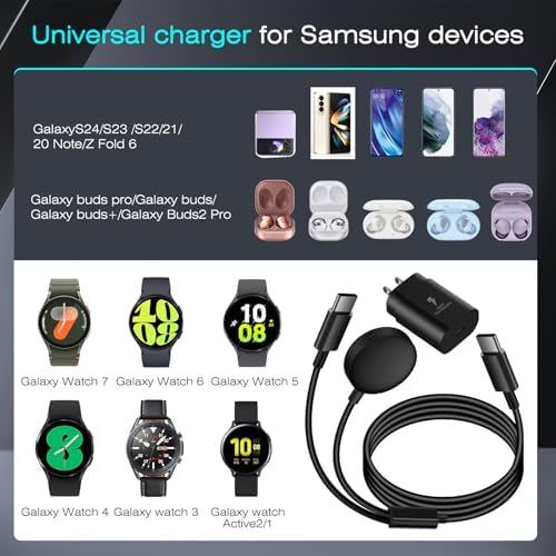 Ultra-Fast 25 W USB C Charging Cable for Galaxy Watch Series 7/6/5 Pro/4/3 & Samsung S24/S23/S22/S21/S20 – Versatile 2-in-1 Charger with 5 ft Length for Effortless Smartwatch and Smartphone Powering, Compact & Lightweight for Travel Enthusiasts, Must-Have Galaxy Watch Accessory
