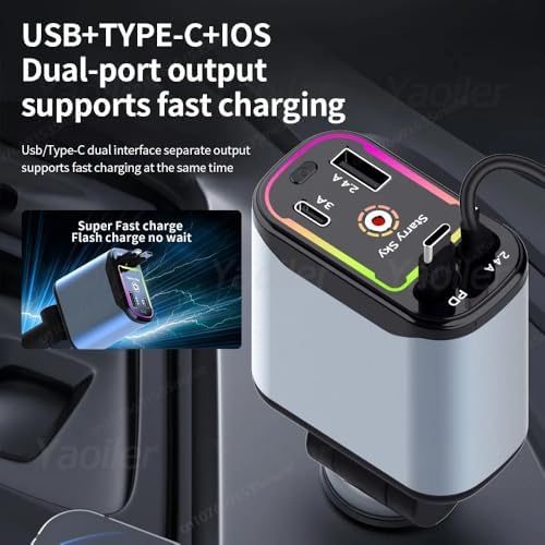 Revolutionize Your Road Trips with the Retractable 4-in-1 Fast Car Charger – Dual Retractable Cords (Type C + i OS) and 2 USB Ports for Multi-Device Power | RGB Starlight Design for Enhanced Aesthetics | High-Speed Charging Compatibility for Android & i Phone Models – Charge Up to 4 Devices Simultaneously