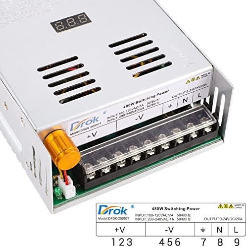 DROK 24 V Adjustable Power Supply – High-Efficiency AC to DC Converter for Reliable Power Delivery, 20 A 480 W Regulated Adapter Perfect for Computer Labs and Versatile Electronic Applications, Adjustable 5 V to 24 V Voltage Transformer for Enhanced Performance and Compatibility