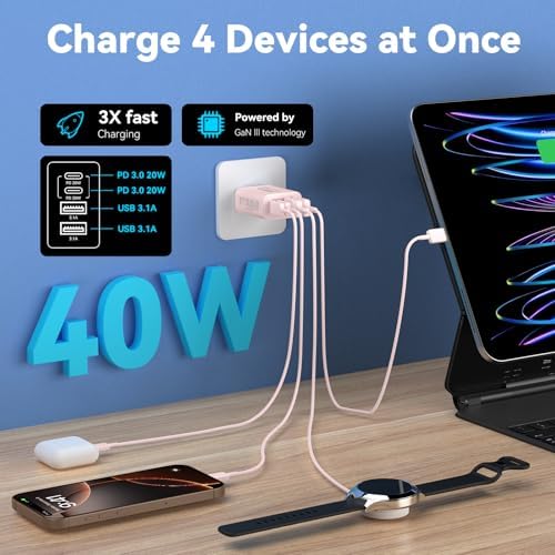 40 W USB C Charger Block – Dual Pack of 4-Port Fast Charging Power Bricks with PD & QC 3.0 Technology for i Phone 16/15/14/13/12/11 Pro Max, i Pad, Galaxy, Pixel – Sleek White & Blue Design for Convenient Multi-Device Charging