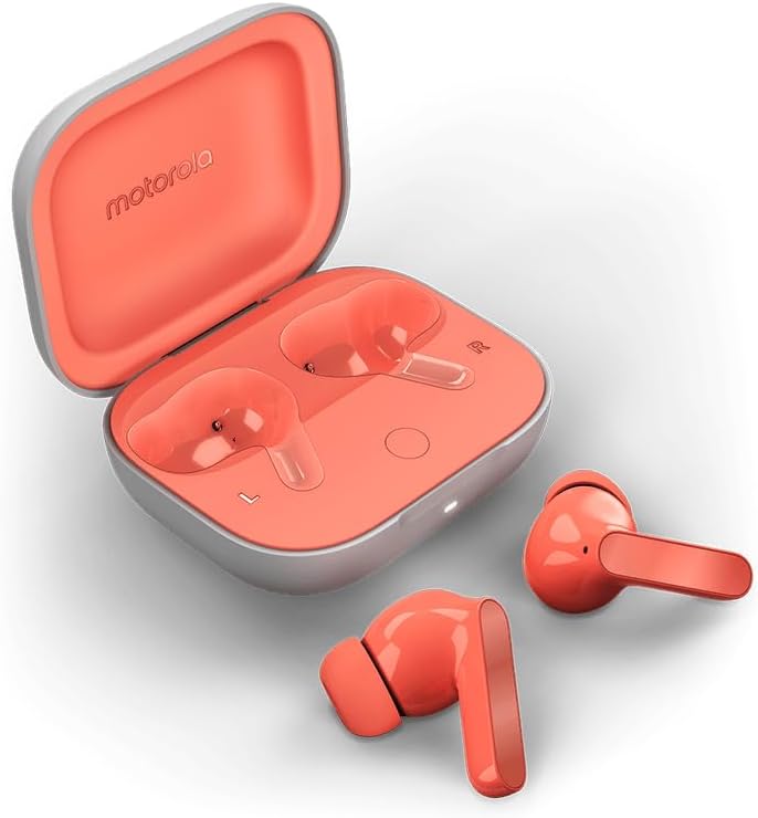 Motorola Moto Buds XT2441-1: Stylish Peach Pink True Wireless Earbuds with Cutting-Edge Active Noise Cancellation, Triple Mic Clarity for Clear Calls, IP54 Water & Dust Resistance, Advanced Bluetooth 5.3 Connectivity, and Immersive Dolby Atmos Sound Quality for Music Lovers and Professionals