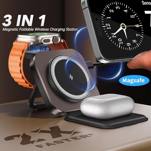 Revolutionary 3-in-1 Mag Safe Charging Station: Ultra-Fast 15 W Magnetic Wireless Charger for i Phone 16/15/14/13/12, Air Pods Pro/2/3/4, and All Apple Watch Series – Compact Foldable Travel Design for Effortless Device Powering and Enhanced Compatibility