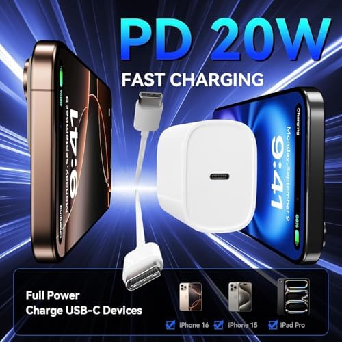 Ultra-Fast i Phone 16 Charger Bundle – Dual 20 W USB-C Wall Plugs with 6 FT High-Speed Type-C Cables for i Phone 16 Pro Max, 15 Series & i Pad Pro – Enhanced Safety Features and Travel-Friendly Design for Maximum Efficiency