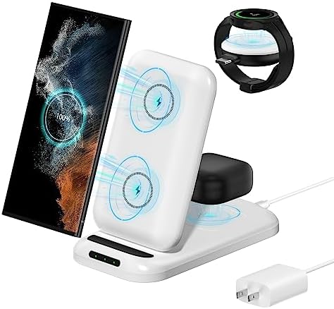 Samsung 3-in-1 Wireless Charging Station for Galaxy Devices – Fast Charge Your S23, S22, S21, Note 20, and More with Integrated Watch and Buds Support (White) – Sleek, Compact Design with Safety Features and Adapter Included