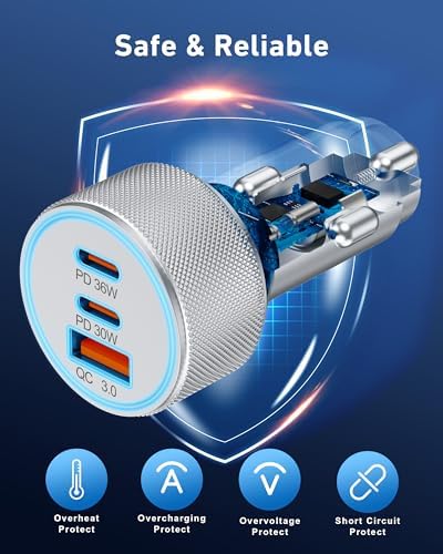 67 W 3-Port Ultra-Fast USB-C Car Charger with 3 FT Cable – High-Speed Charging for i Phone 16/16 e/15 Pro Max, Samsung Galaxy S25/S24/S23, Google Pixel 9/8/7, and Android Devices – Sleek Silver Design for Enhanced Style and Functionality