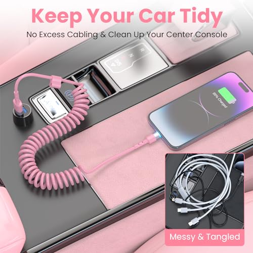 Stylish 3 FT Pink Coiled i Phone Charger 2-Pack – MFi Certified USB to Lightning Cable for Apple Car Play – Fast Charging, Tangle-Free, Trendy Design for Home & On-the-Go Power Solutions