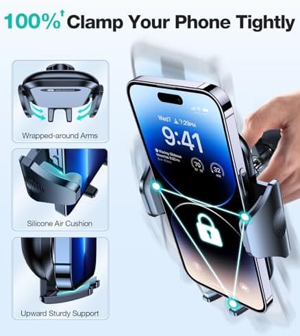VICSEED Universal Car Phone Holder Mount – Super Stable Air Vent Cradle for Hands-Free Operation – Enhanced Compatibility with i Phone 16, 15 Pro Max & All Smartphones – Silicone Protection for Vent & Device – Optimized for Safety and Convenience