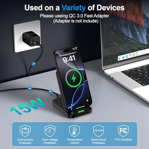 Fast Wireless Charger Stand for Android Devices – 15 W Multi-Device Charging Station for Samsung Galaxy S25/S24/S23/S22/S21/Z Fold 6 & Google Pixel 9 Pro/8/7 – Intelligent Dual Orientation Design, Enhanced Safety Features, Sleep-Friendly LED Indicator – Effortless Charging with Case Compatibility & Advanced Cooling System