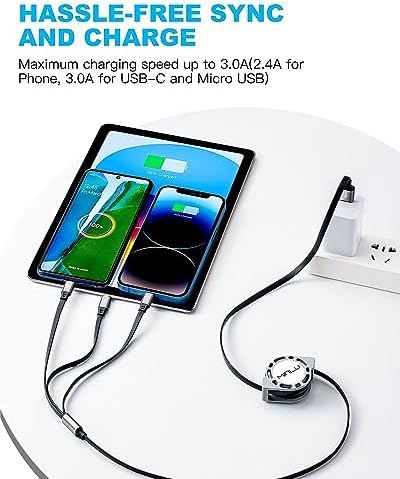 Ultimate 3-in-1 Retractable Charging Cable Set – 3 Pack, 4 Ft Multi Fast Charger with IP, Type C, and Micro USB Compatibility for Seamless Charging of Smartphones and Tablets – Enhanced 3 A Speed, Durable Design, Ideal for Home, Office, and Travel