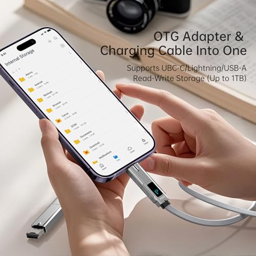 PZOZ 5-in-1 OTG Cable: Ultimate USB-C Fast Charging with LED Status Display, Micro SD Card Reader & Multi-Device Compatibility for i Phone, i Pad, Mac Book & Samsung – 140 W, 5 ft Length for Enhanced Versatility and Convenience