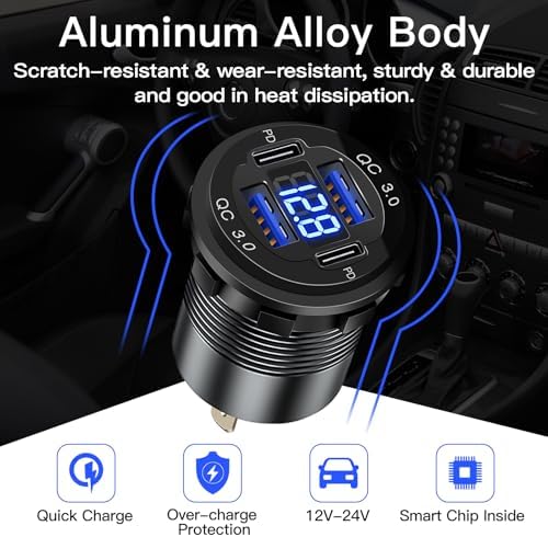 High-Performance 4-Port 12 V USB Car Charger with Dual PD & QC Technology – 78 W Aluminum Multi-Port Charger with Integrated Voltmeter for Marine, Motorcycle & Vehicle Charging – Ultimate Fast Charging Solution for Multiple Devices