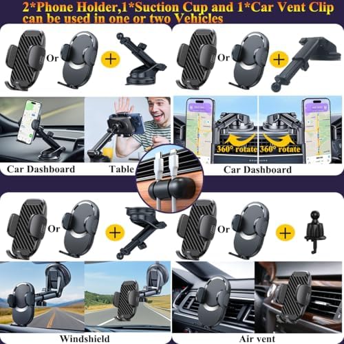 Cell Phone Holder Mount for Car Dashboard Windshield Air Vent Scalable Long Arm Fit All Phone with Thick Case,Black,2 Pack – Enhanced Compatibility and Speed