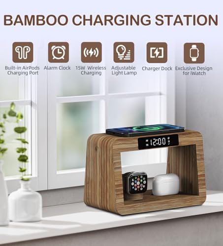 Eco-Friendly Bamboo Charging Station with 15 W Fast Wireless Charging, Adjustable Night Light & Multi-Device Compatibility for i Phone, i Watch, Air Pods, and Samsung – Sleek Nightstand Solution with 3 Color Modes and 4 Brightness Levels, Includes Adapter for Enhanced Efficiency