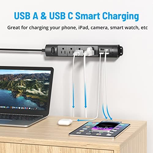 Ultra-Slim TROND Surge Protector Power Strip with 3 USB Ports & Type C – 4 AC Outlets for Maximum Device Protection & Charging Speed – 1440 J Surge Defense, ETL Listed, Space-Saving Wall Mount Design for Home Office & Dorm Use – Versatile Power Management Solution in Elegant Black