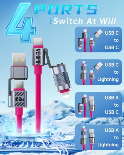 Ultimate 240 W SHEZI 4-in-1 USB C Charging Cable: Fast Charging & 480 Mbps Data Sync, Multi-Device Compatibility with L-Type, Type C, USB A Ports – 5 ft Stylish Pink Design for Enhanced Performance and Portability