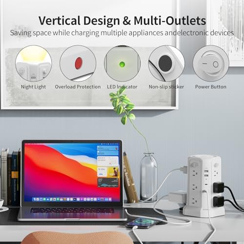 PASSUS 16 FT Long Surge Protector Power Strip with USB-C Fast Charging & Built-in Night Light – Versatile Charging Station for Home & Office with 4 USB Ports, Compact Tower Design, and Enhanced Surge Protection