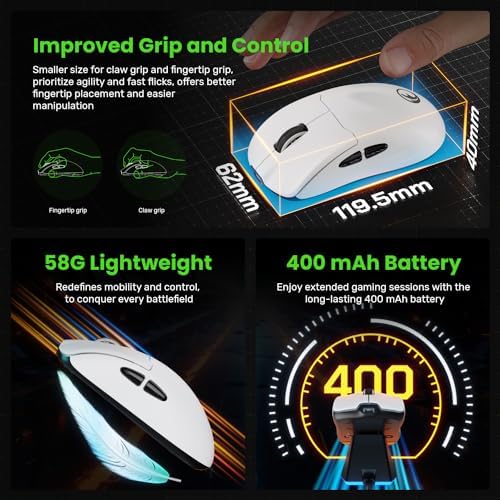 Ultra-Lightweight G63 Tri-Mode 4 K Wireless Gaming Mouse with PAW3395 Sensor – 58 g Design, 4000 Polling Rate, 26000 DPI, 5 Customizable Buttons & RGB Magnetic Charging Dock for Optimal Gaming Performance