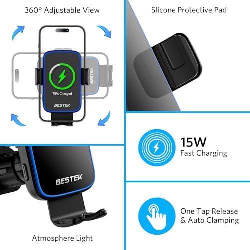 BESTEK 15 W Fast Wireless Car Charger with Auto-Clamping Phone Holder – Premium QC3.0 Air Vent Mount for i Phone 15/14/13/12/X/8, Samsung, LG, and Google Devices – Effortless Charging and Secure Fit for Every Drive