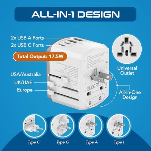 Ultimate Compact Travel Power Adapter for UK & Ireland – Dual USB & USB-C Fast Charger with 3.1 A Output – Type G Plug Converter for Seamless Global Connectivity in Hong Kong, England, Dubai, and Saudi Arabia – Safe, Efficient Design for Smart Travelers