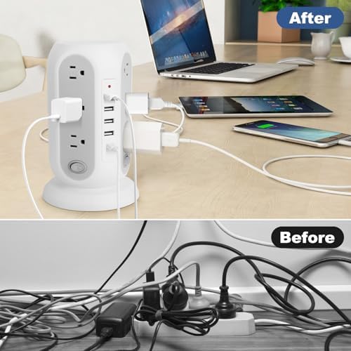 Revolutionize Your Charging Setup with the 16.5 FT Power Strip Tower – 12 AC Outlets & 5 USB Ports (1 USB-C) Surge Protector for Home, Kitchen, Dorm, & Office – Space-Saving Design with Enhanced Overload Protection for Maximum Device Compatibility and Rapid Charging Efficiency