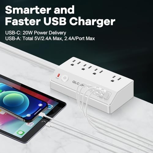 Ultimate 8-Outlet Power Strip Tower with 15 FT Extension Cord | Compact Surge Protector with 4 USB Ports & 20 W USB-C Fast Charging | Space-Saving Desk Organizer for Office & Home | Enhanced Compatibility for All Devices