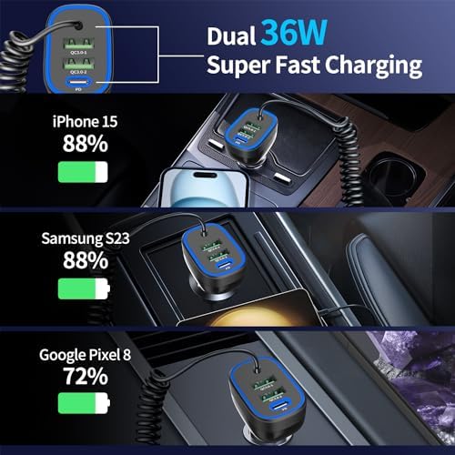 Ultra-Fast 72 W 4-Port USB-C Car Charger with 5 ft Coiled Cable for i Phone 16/15 Pro Max, Samsung Galaxy S25/S24/S23, and Pixel 9 Pro – Multi-Device Compatibility and Rapid Charging for On-the-Go Power Needs