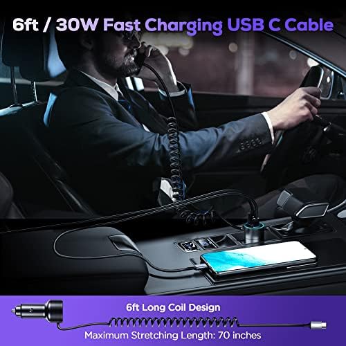 75 W Metal 3-Port USB C Car Charger with Built-in 6 ft Coiled Cable – Super Fast PD & QC3.0 Charging for Samsung Galaxy S22/21, i Phone, i Pad Pro, Pixel, and Android Devices – Universal Compatibility and Enhanced Safety Features for On-the-Go Power