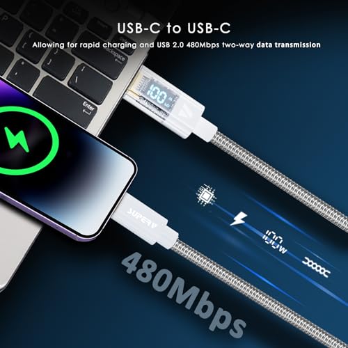 SUPERV 6.6 ft Type C Fast Charging Cable – Premium Nylon Braided USB C Charger with 100 W Power Delivery, High-Speed 480 Mbps Data Transfer, and LED Charging Status Indicator – Ideal for Laptops, Smartphones, and Tablets