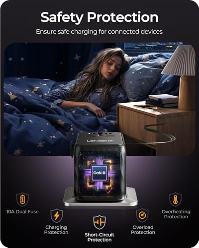 LENCENT 85 W Universal Travel Adapter with Retractable USB-C Cable – High-Speed International Plug Converter Featuring 3 Type-C & 1 USB-A Ports for Effortless Worldwide Charging – Your Ultimate Travel Essential for Maximum Compatibility, Fast Charging, and Ga N Technology Efficiency