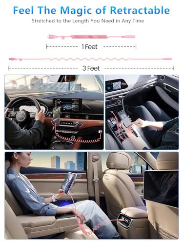 Versatile 4-in-1 Coiled USB C and Lightning Cable for i Phone 15 and 16 – 3 FT Fast Charging Car Charger Cord with 60 W Power Output, Stylish Pink Design, Compatible with Car Play and Android Auto for Ultimate Convenience and Enhanced Connectivity
