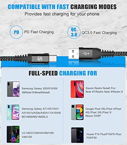 sweguard Premium USB Type C Charger Cable Trio – Versatile 3-Pack (6.6 ft, 3.3 ft, 1.5 ft) for i Phone 16, Samsung Galaxy S24, and Universal Devices – Fast Charging Nylon Braided Cords for Enhanced Durability and Performance – Ideal for Home, Office, and Travel